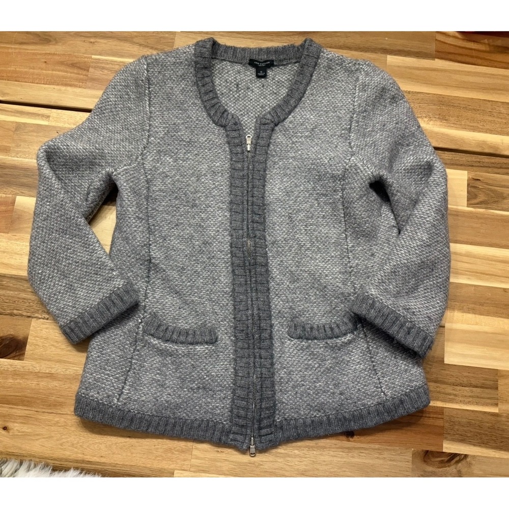 Ann Taylor Gray Textured Knit Full Zip Cardigan Sweater Womens Size‎ XS Pockets